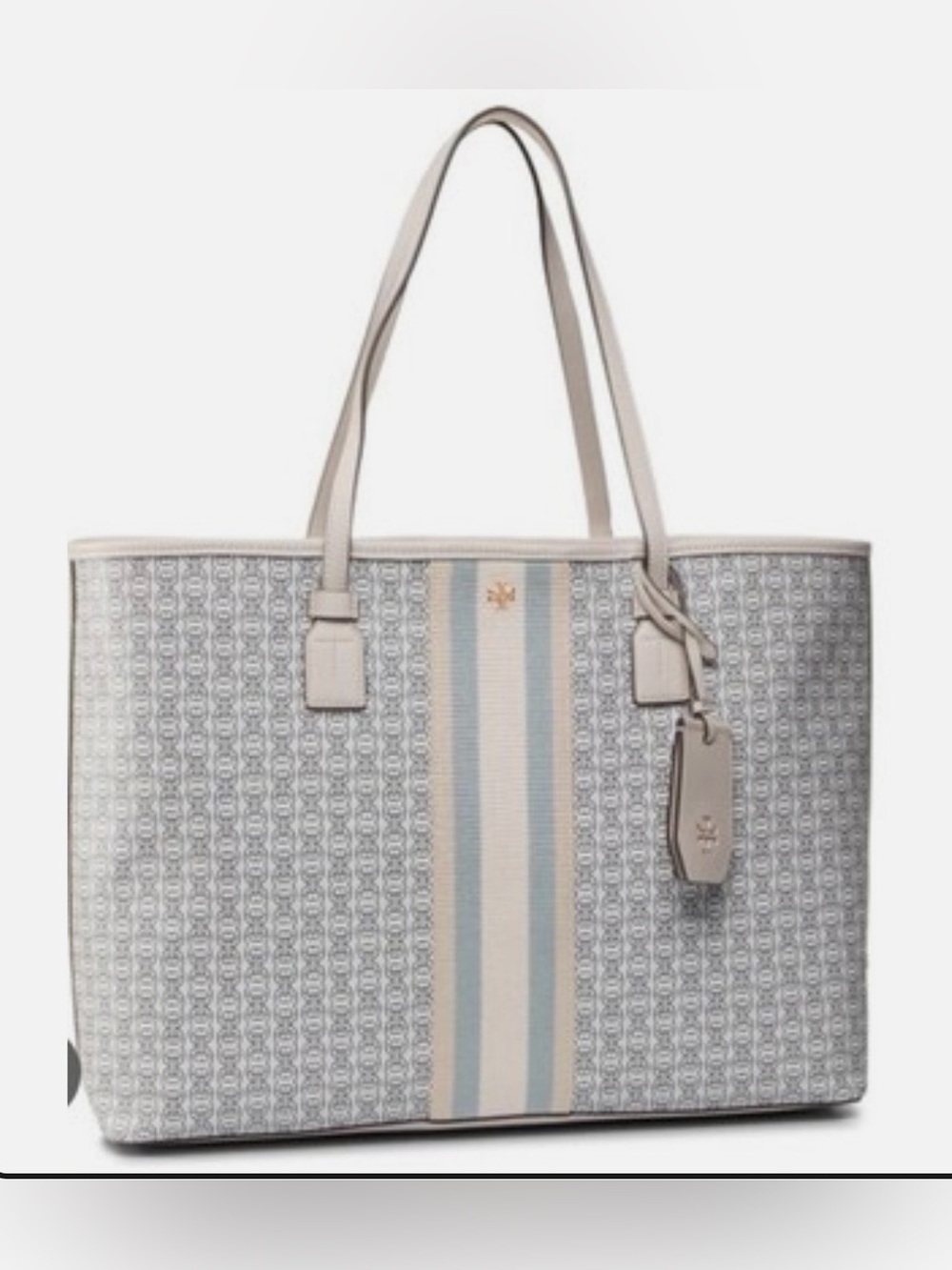 Tory Burch Beige and Light Blue Stripe Logo Reversible Tote